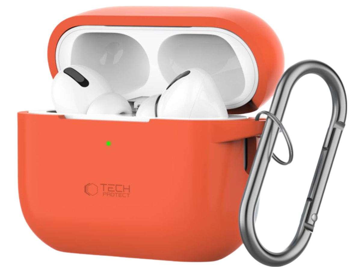 Tech-Protect Silicone Hook Hülle für Apple AirPods Pro (1.|2. Gen.) Neon Orange - Frontansicht im Winkel