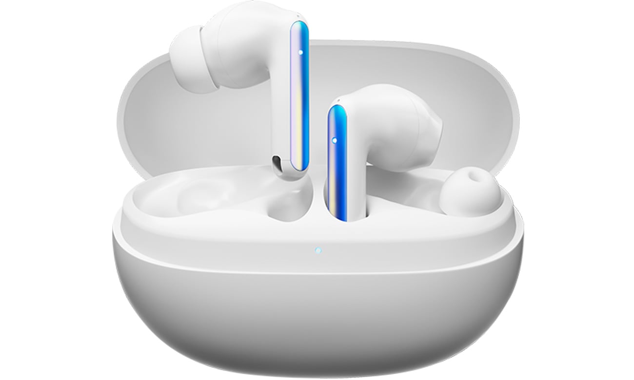 Słuchawki bezprzewodowe TECNO SONIC 1 Białe - Widok od przodu wraz z otwartym etui ładującym