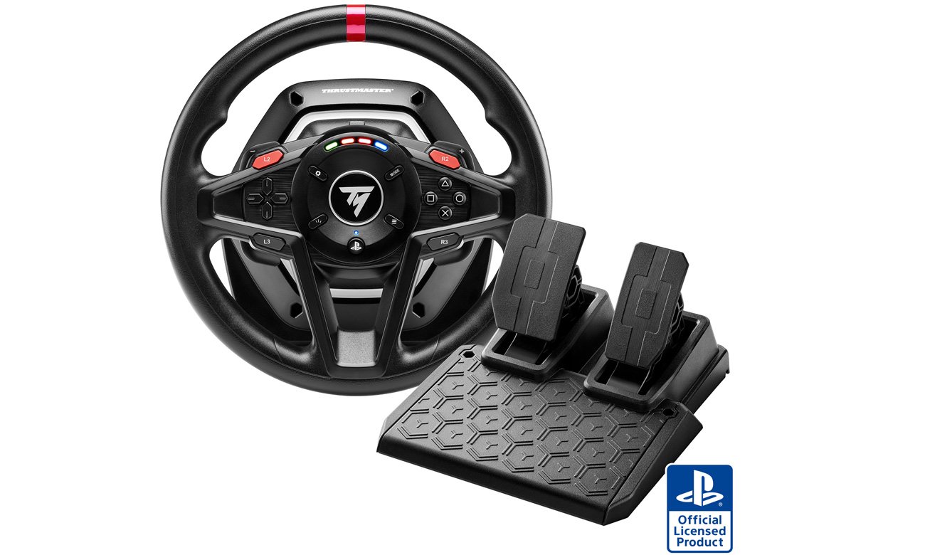 Рулевое колесо Thrustmaster T128 для PS4 / PS5 / ПК — вид спереди под углом, включая блок педалей T2PM