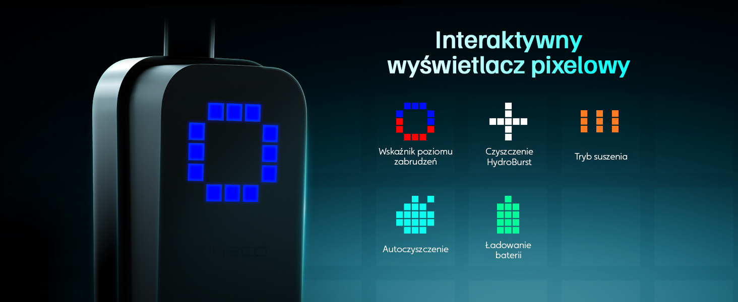 Tineco S9 Scientist — tryby wyświetlacza: wskaźnik poziomu zabrudzeń, czyszczenie HydroBurst, tryb suszenia, autoczyszczenie, ładowanie baterii