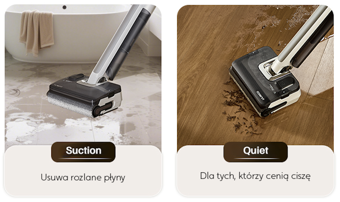 Tryby Suction i Quiet — usuwanie rozlanych płynów i cicha praca