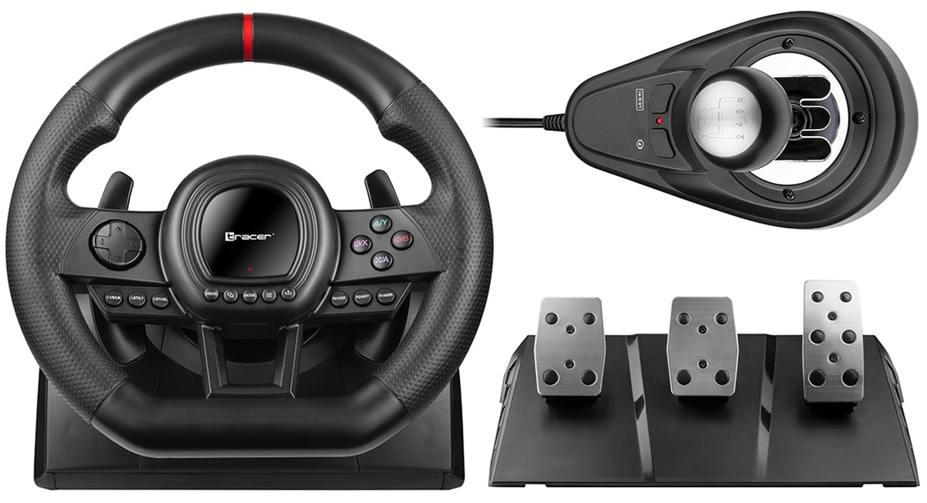 Kierownica Tracer SimRacer Manual Gearbox 6 w 1 - Widok wraz z pedałami i skrzynią biegów