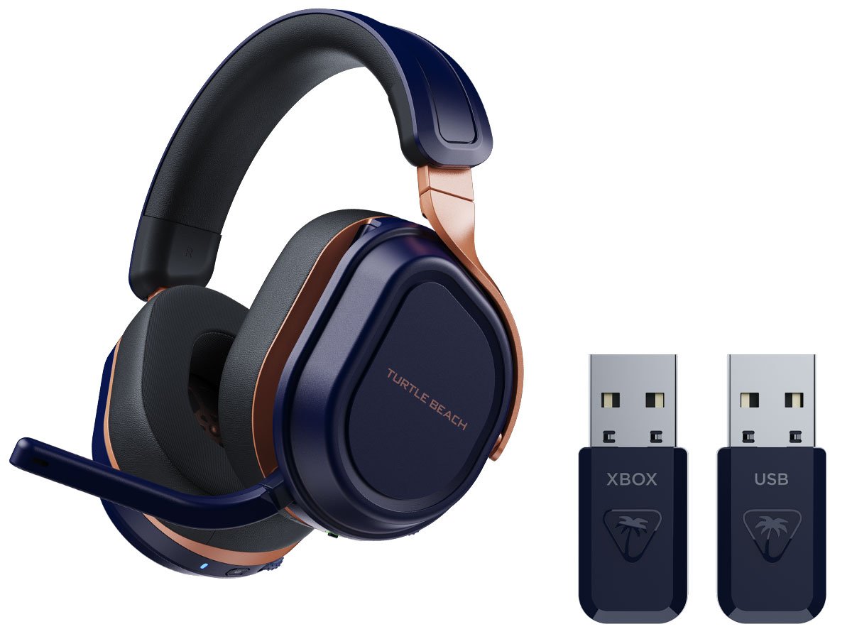 Słuchawki Turtle Beach Stealth 700 Gen 3 do Xbox Kobaltowe - Widok od przodu pod kątem wraz z adapterami