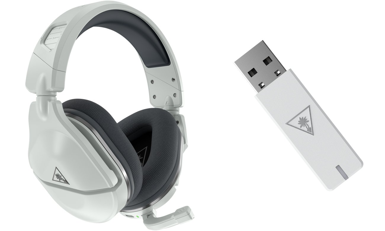 Bezprzewodowy zestaw słuchawkowy Turtle Beach STEALTH 600 GEN2 USB (Xbox) Białe - Widok od przodu pod kątem wraz z adapterem bezprzewodowym