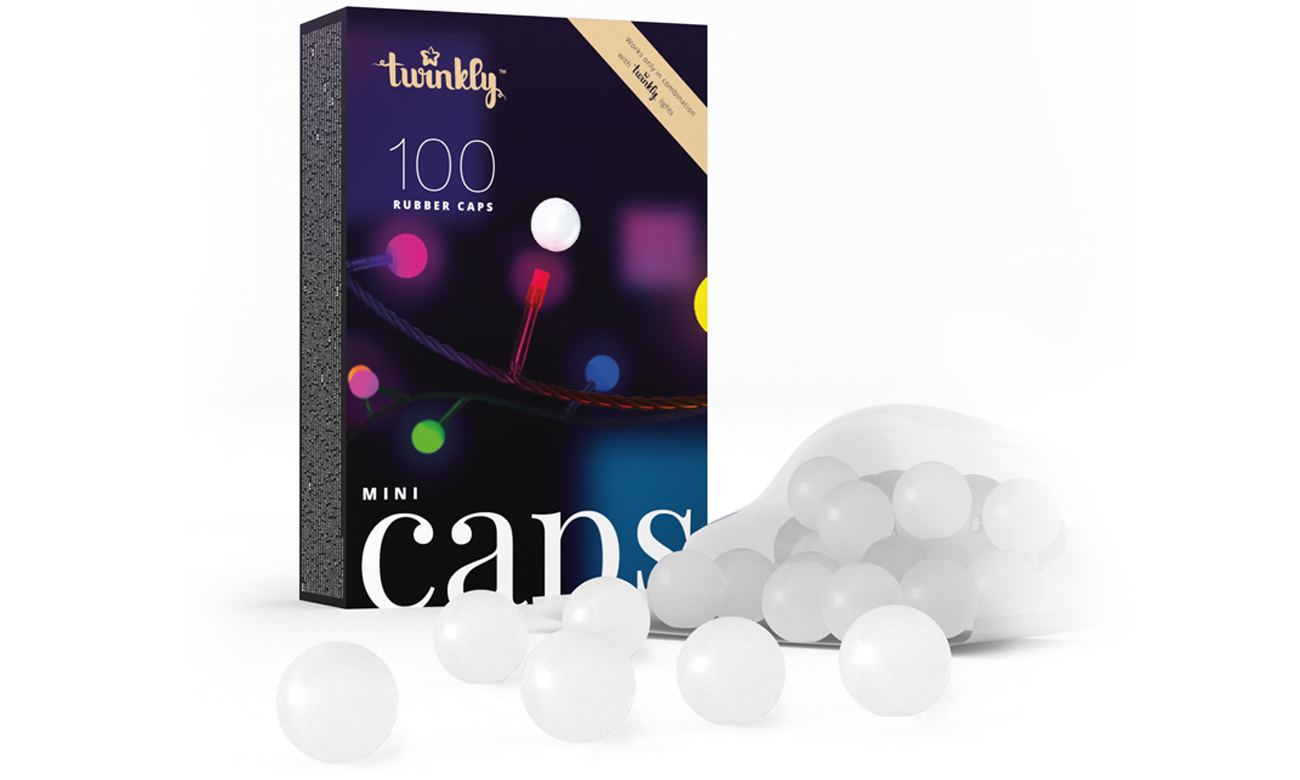 Nakładki Twinkly Mini Caps 100 na lampki - Widok ogólny z opakowaniem
