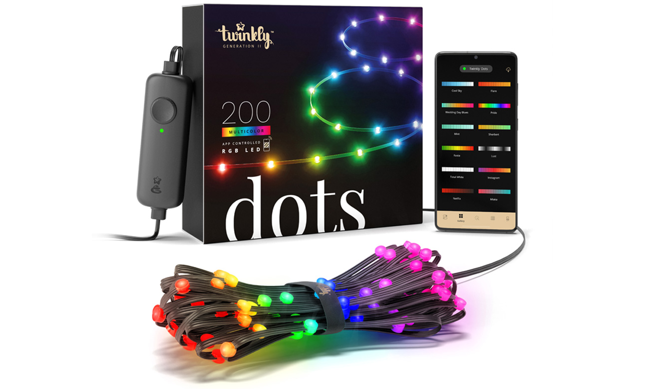 Inteligentna taśma Twinkly Dots 200 LED RGB 10m Czarna - Widok ogólny z opakowaniem