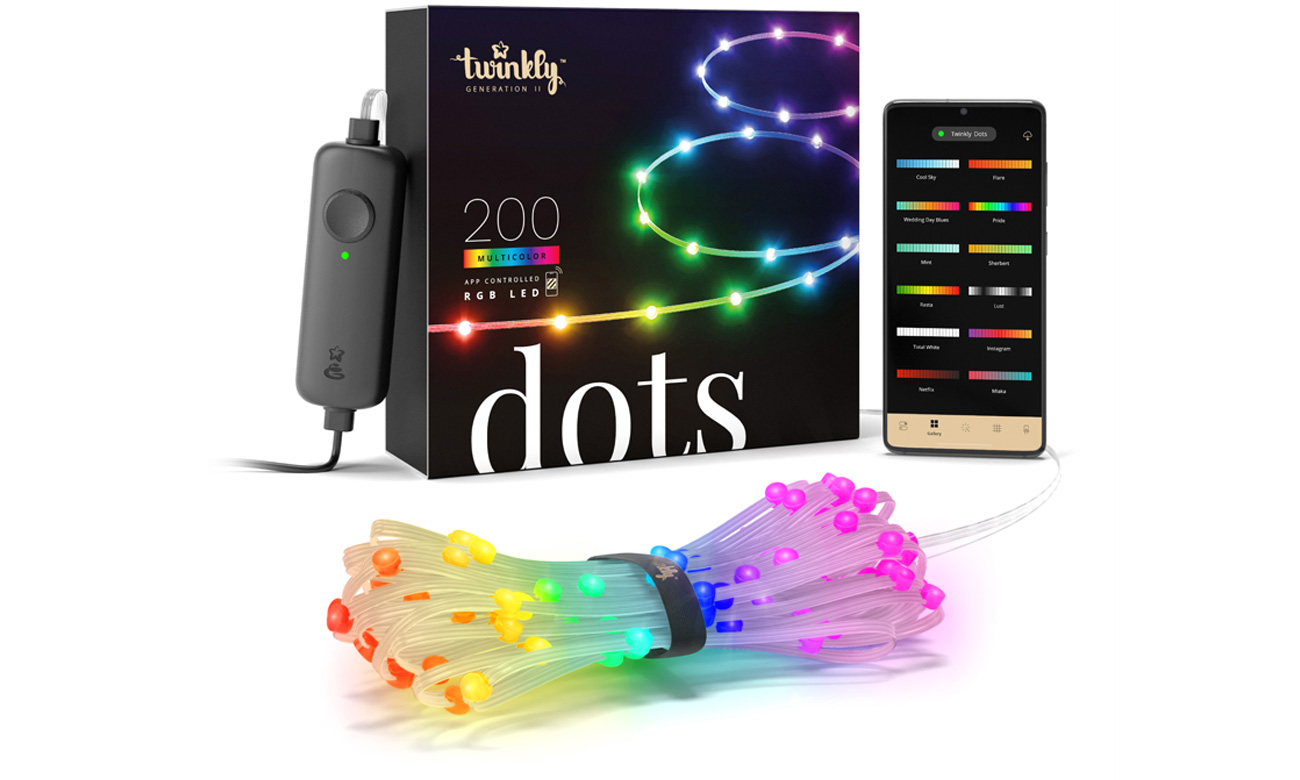 Inteligentna taśma Twinkly Dots 200 LED RGB 10m Transparentna - Widok ogólny z opakowaniem