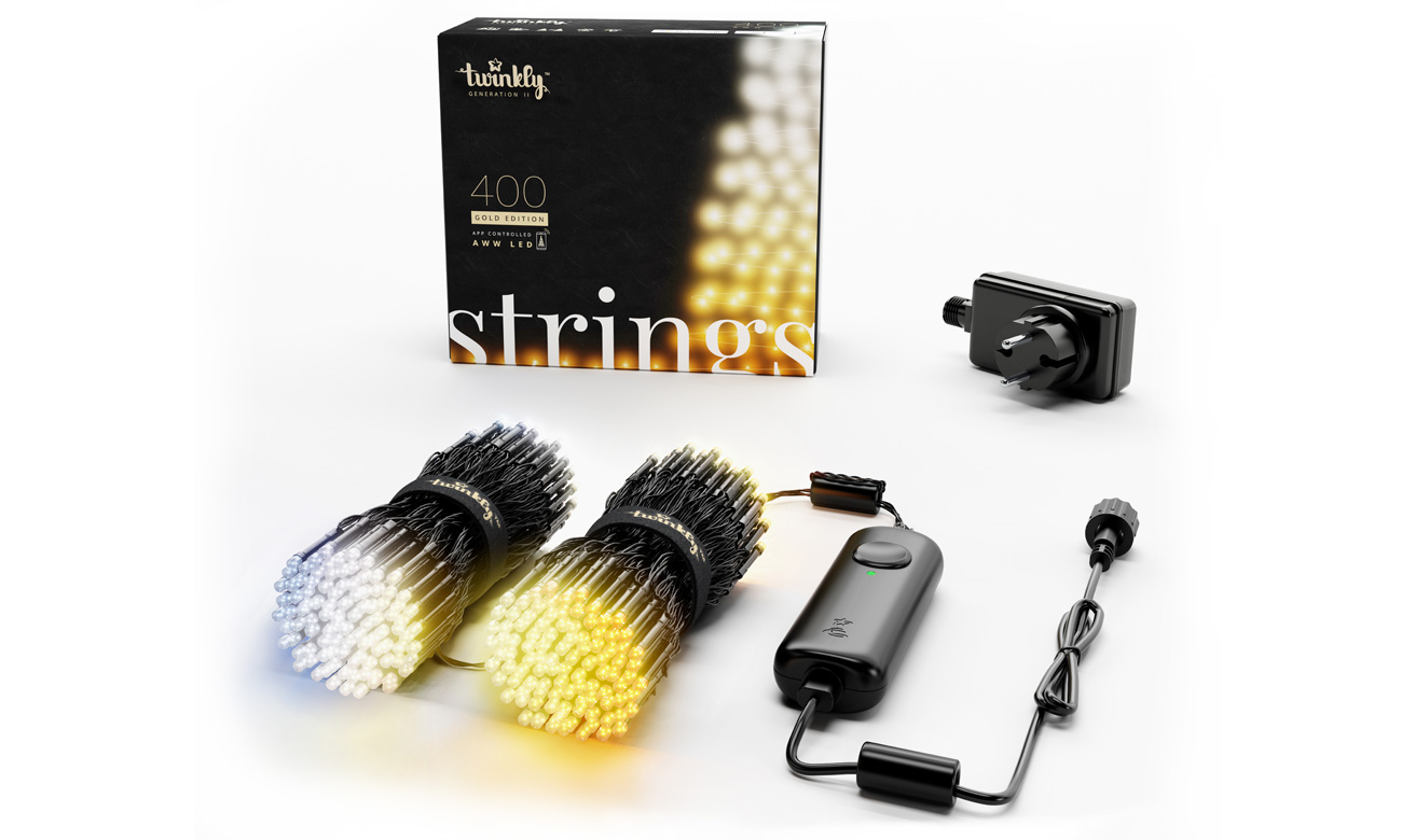 Inteligentne lampki Twinkly Strings 400 LED Gold AWW - Widok ogólny z opakowaniem