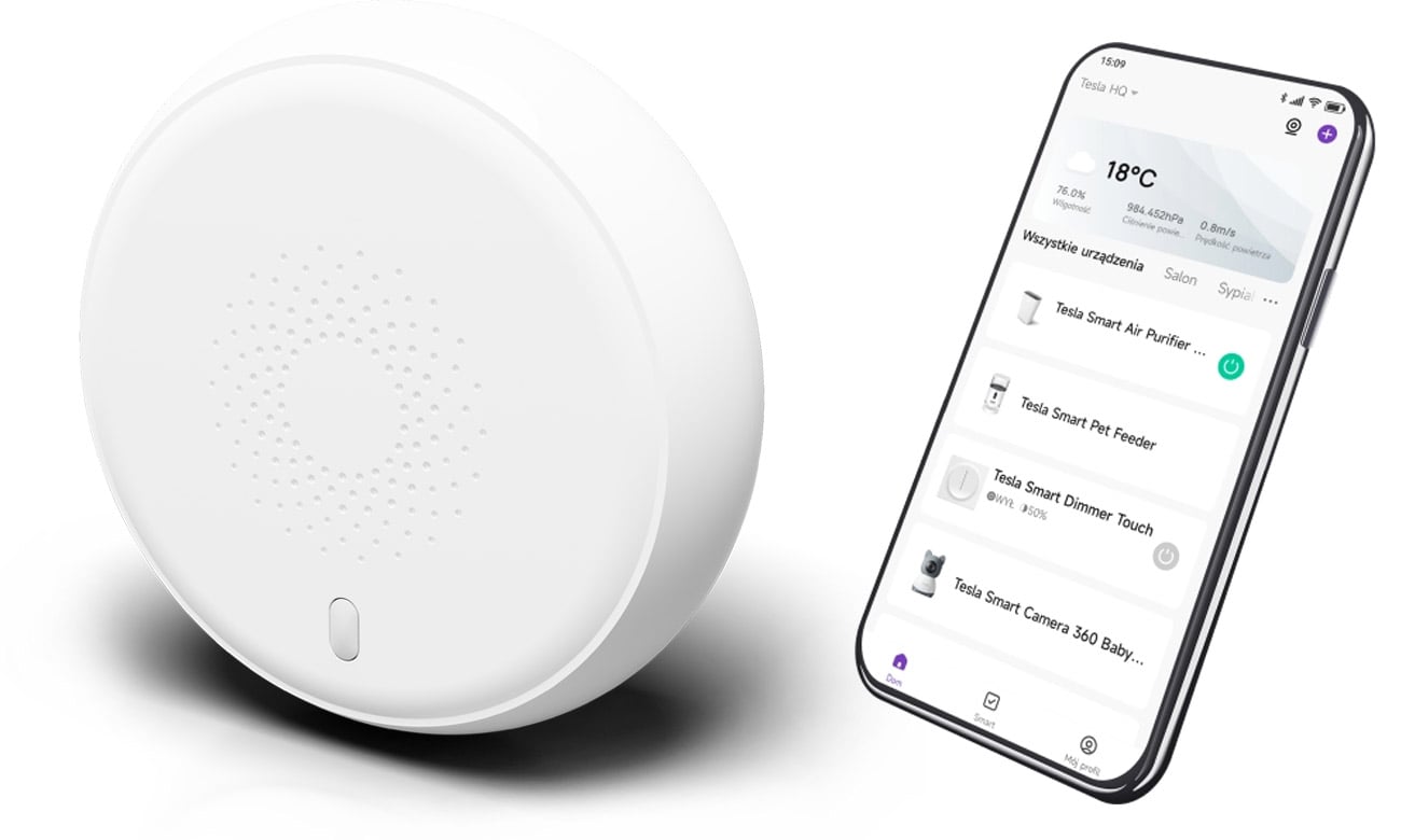 Inteligentny czujnik dymu Tesla Smart Sensor Smoke - Widok od przodu pod kątem