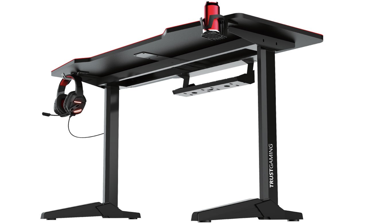 Biurko gamingowe Trust GXT 1175 IMPERIUS XL Czarne - Widok z przodu od spodu, widoczne uchwyty