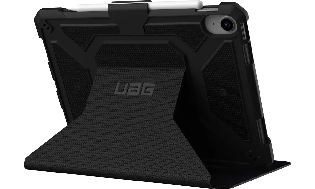 Etui UAG Metropolis do iPad 10.9'' (10. generacja) Czarne - Widok od przodu pod kątem + podstawka