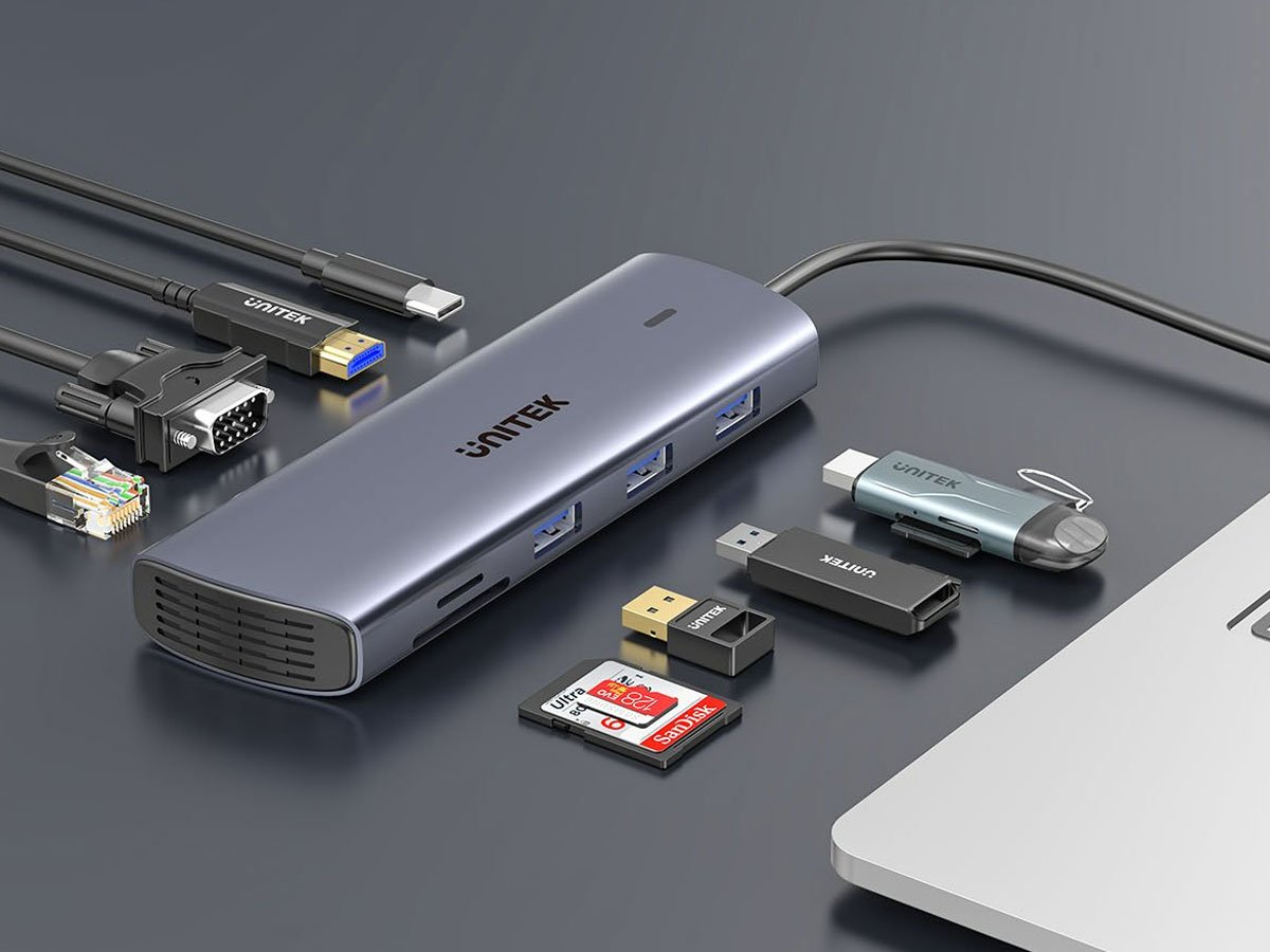 Unitek Hub 9w1 USB-C Ethernet HDMI VGA 3xUSB-A czytnik kart PD 100W