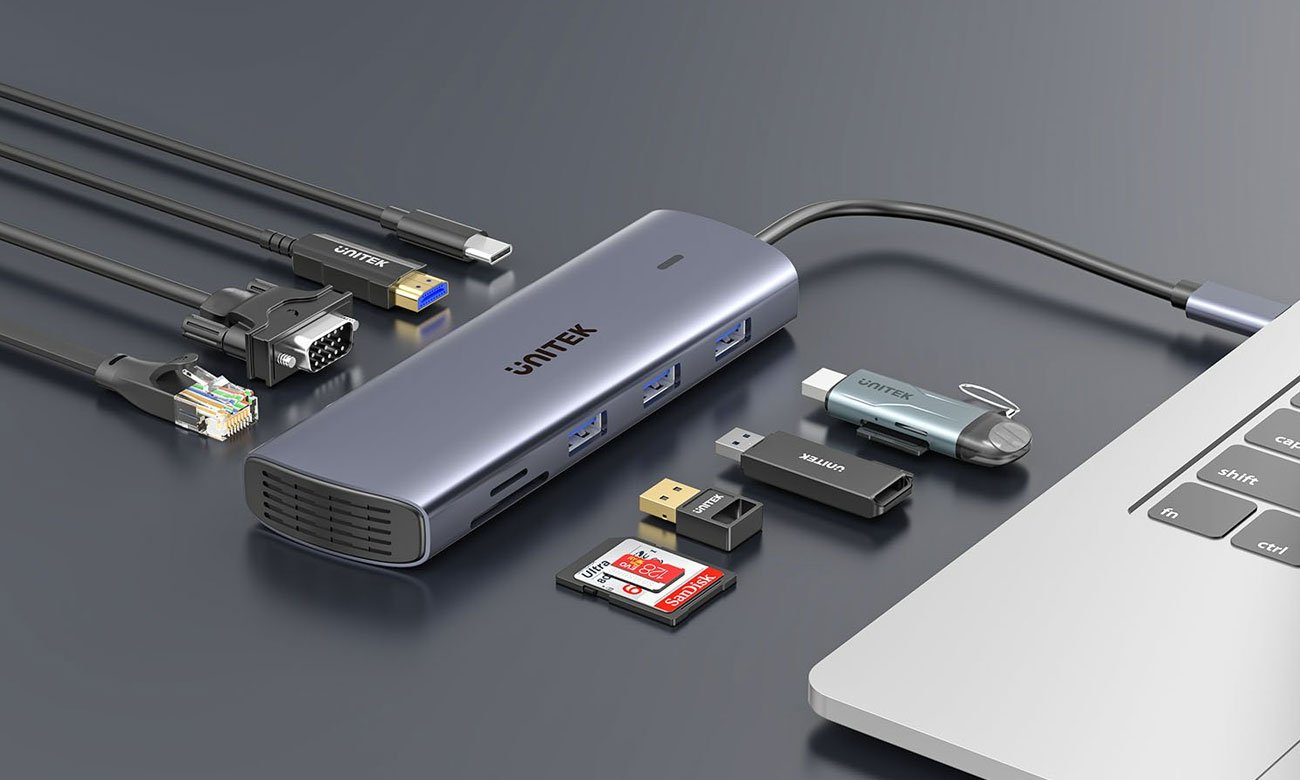Unitek Hub 9w1 USB-C Ethernet HDMI VGA 3xUSB-A czytnik kart PD 100W