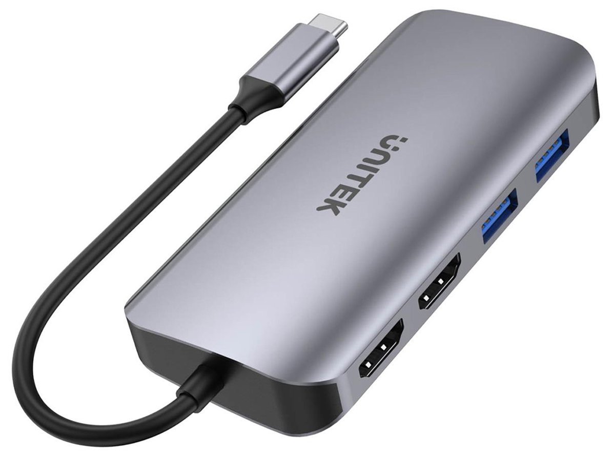 Unitek Hub USB-C 5Gbps, 2x HDMI 4K, Kartenleser, RJ-45, PD 100W