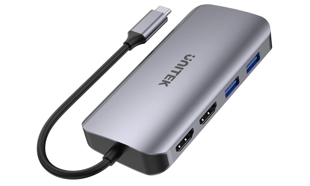 Unitek Hub USB-C 5Gbps, 2x HDMI 4K, Kartenleser, RJ-45, PD 100W