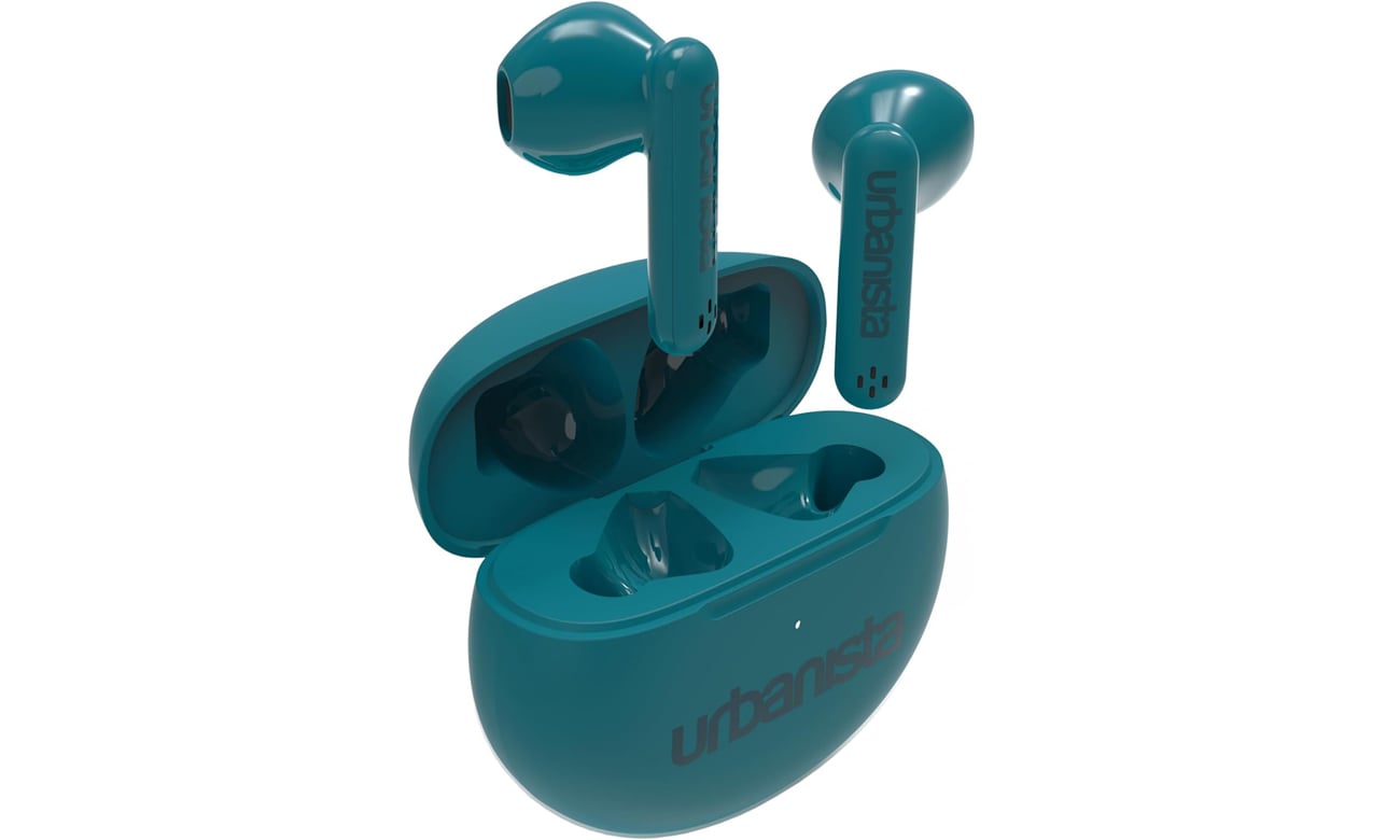 Słuchawki bezprzewodowe Urbanista Austin Lake Green - Widok od przodu pod kątem wraz z otwartym etui ładującym