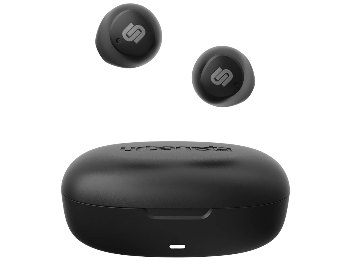Słuchawki bezprzewodowe Urbanista Lisbon Czarne - Widok od przodu wraz z zamkniętym etui ładującym