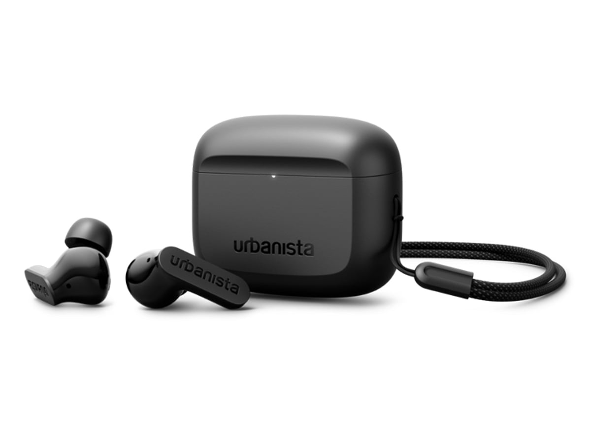 Słuchawki bezprzewodowe Urbanista Palo Alto Czarne - Widok ogólny wraz z zamkniętym etui ładującym
