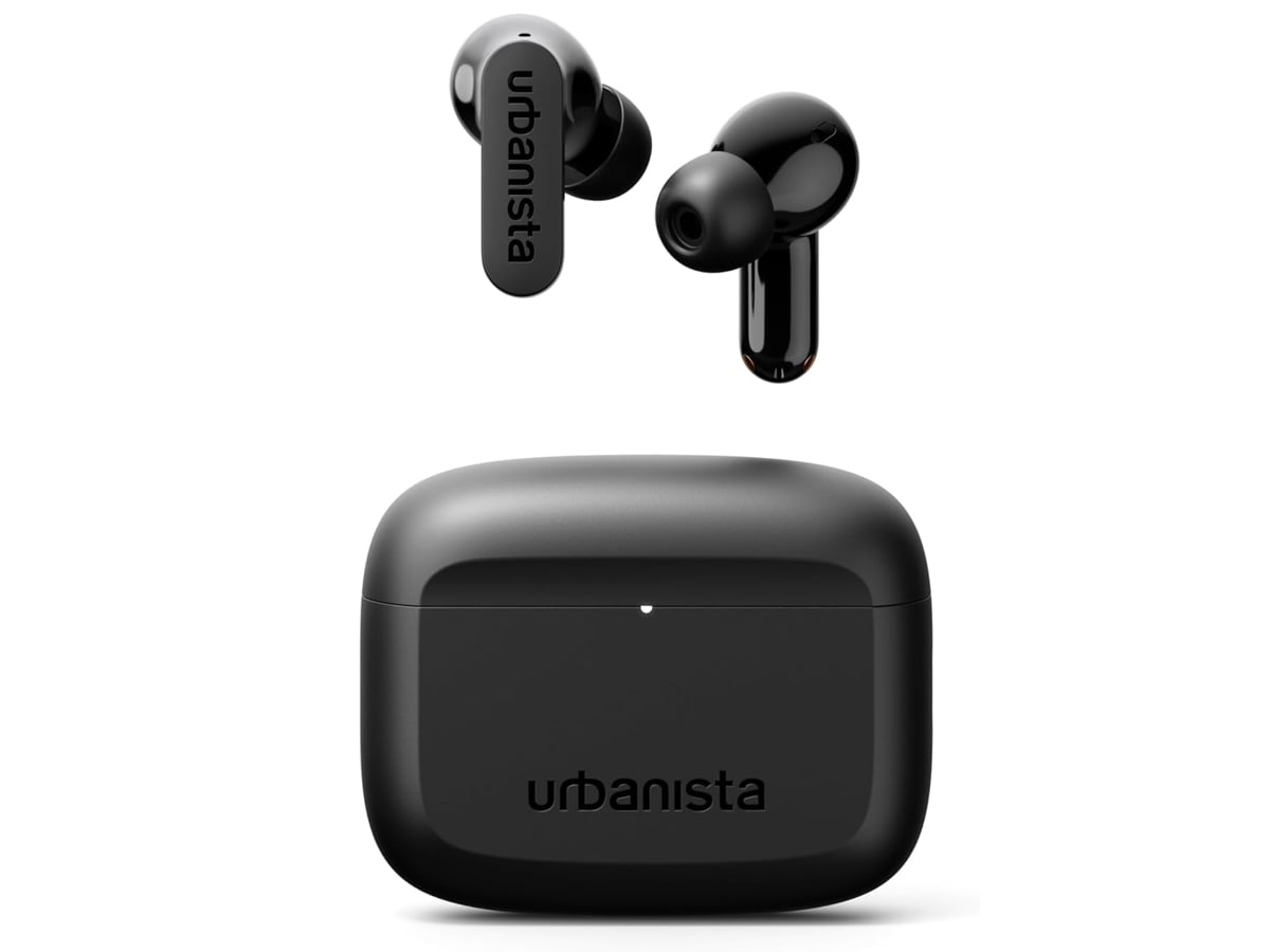 Słuchawki bezprzewodowe Urbanista Palo Alto Czarne - Widok od przodu wraz z zamkniętym etui ładującym