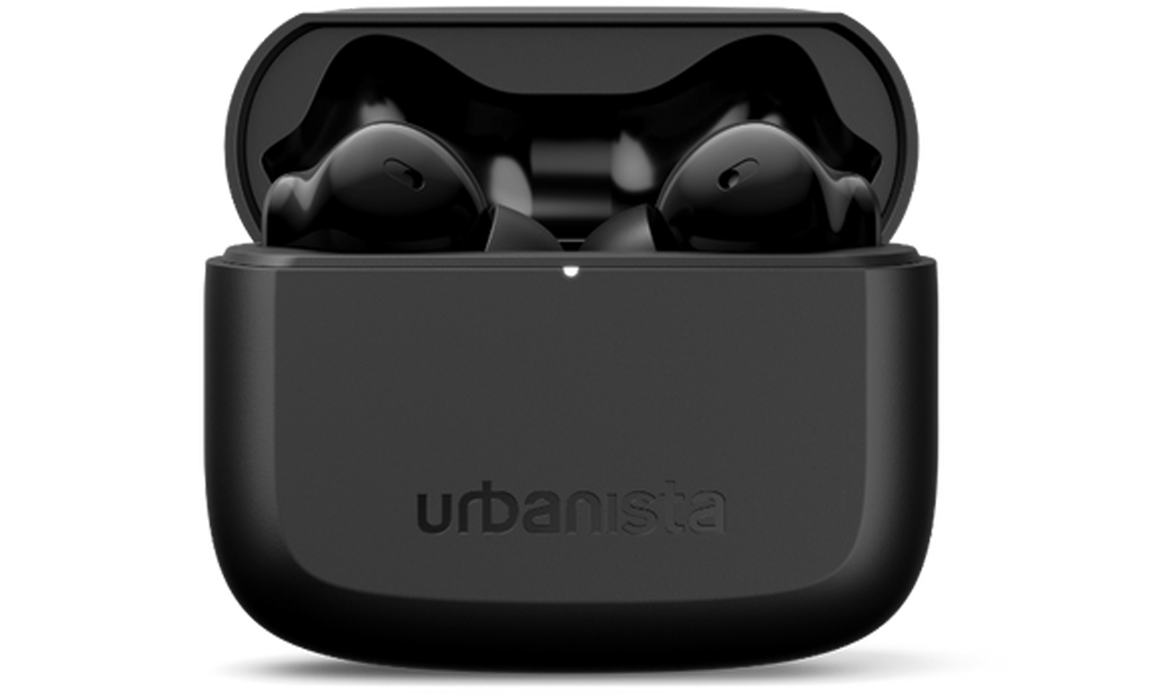 Słuchawki bezprzewodowe Urbanista Palo Alto Czarne - Widok od przodu wraz z otwartym etui ładującym