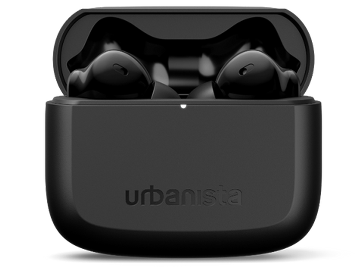 Słuchawki bezprzewodowe Urbanista Palo Alto Czarne - Widok od przodu wraz z otwartym etui ładującym