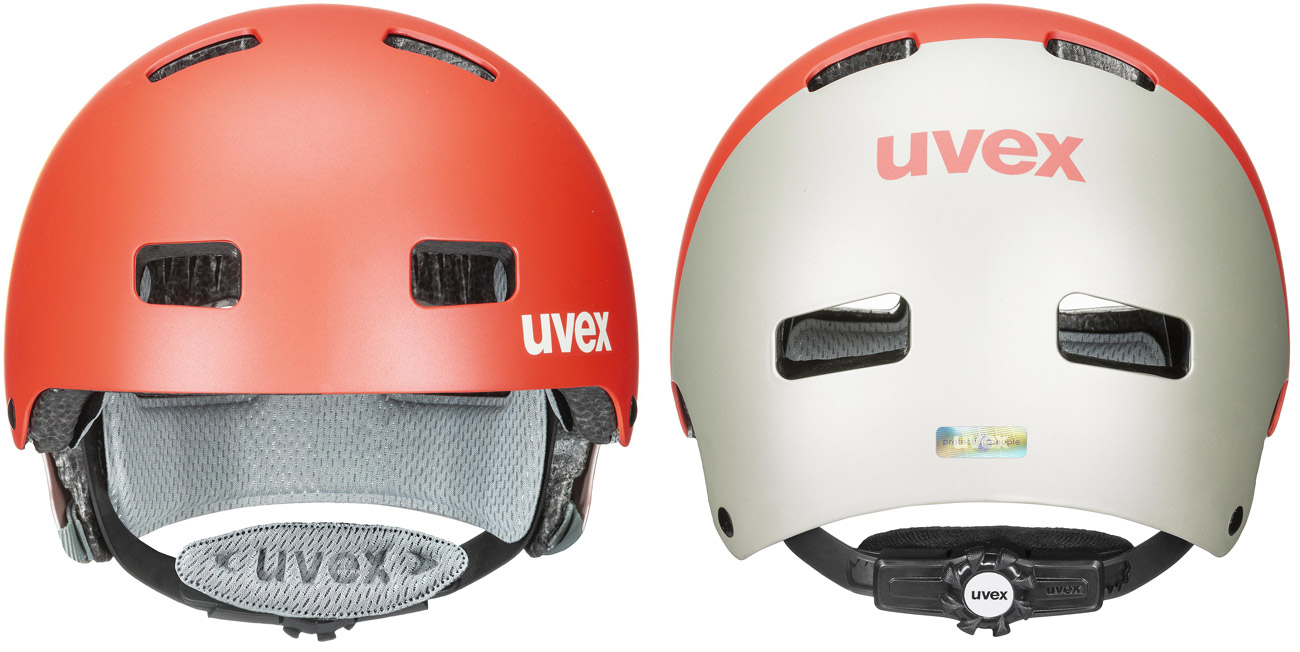 Kask ochronny UVEX Kid 3 cc 51-55 cm Grapefruit mat - Widok z przodu i z tyłu