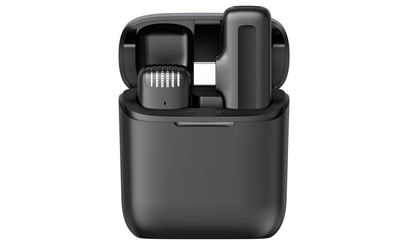 Bezprzewodowy system mikrofonowy Ulanzi J11 Czarny USB-C - Widok od przodu pod kątem wraz z otwartym etui ładującym
