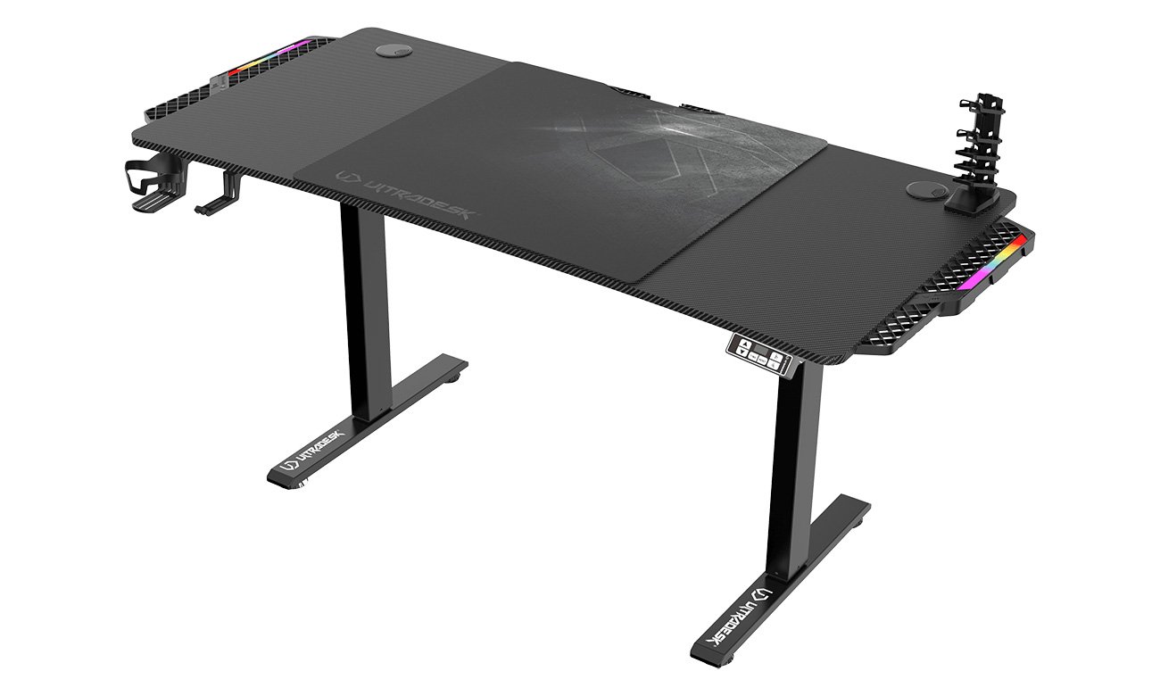Biurko gamingowe Ultradesk Level V2 LED RGB Czarne - Widok od przodu pod kątem