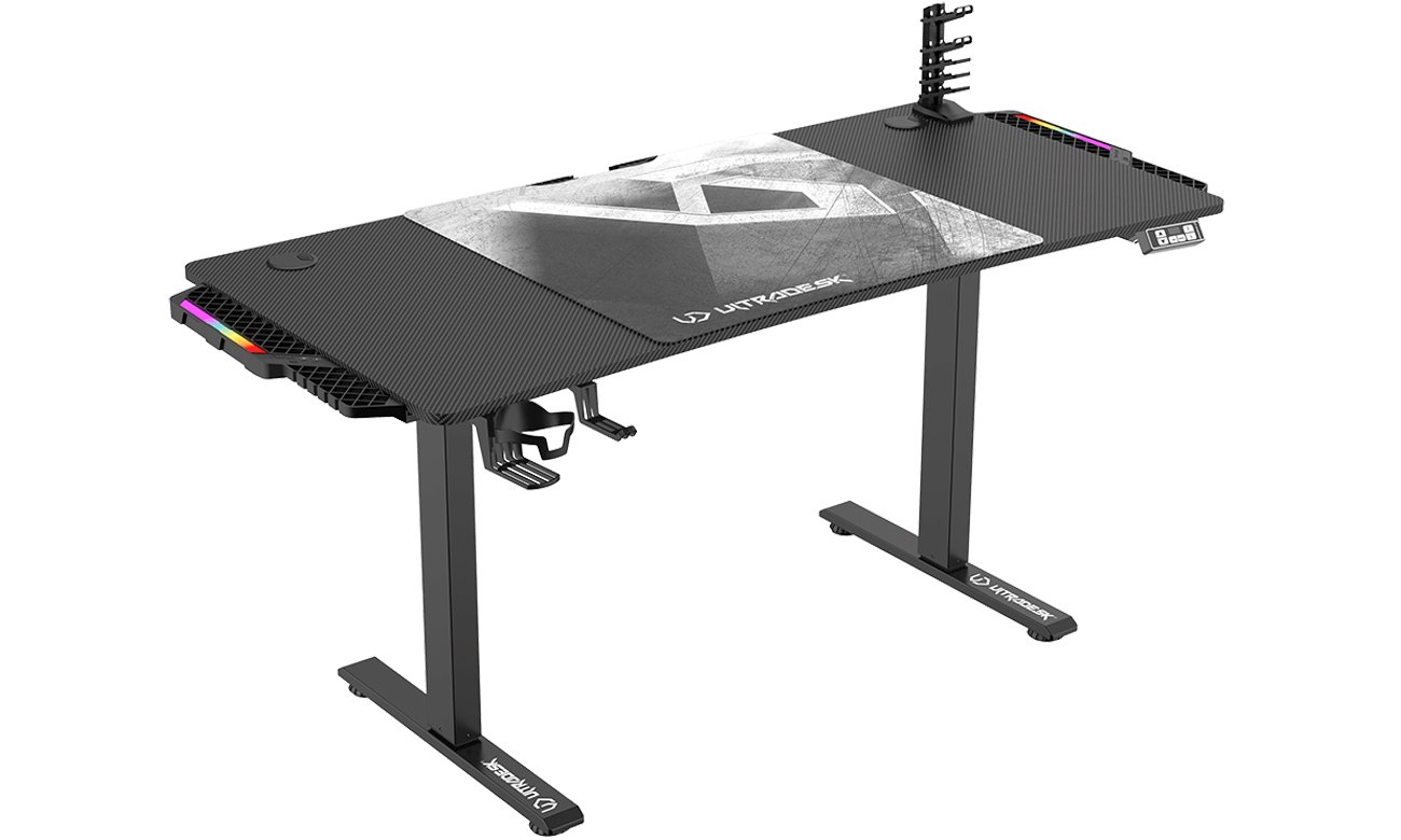 Biurko gamingowe Ultradesk Level V2 LED RGB Czarno-białe - Widok od przodu pod kątem