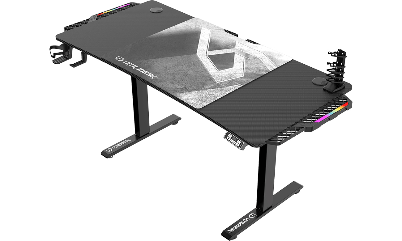Biurko gamingowe Ultradesk Level V2 LED RGB Czarno-białe - Widok od przodu pod kątem
