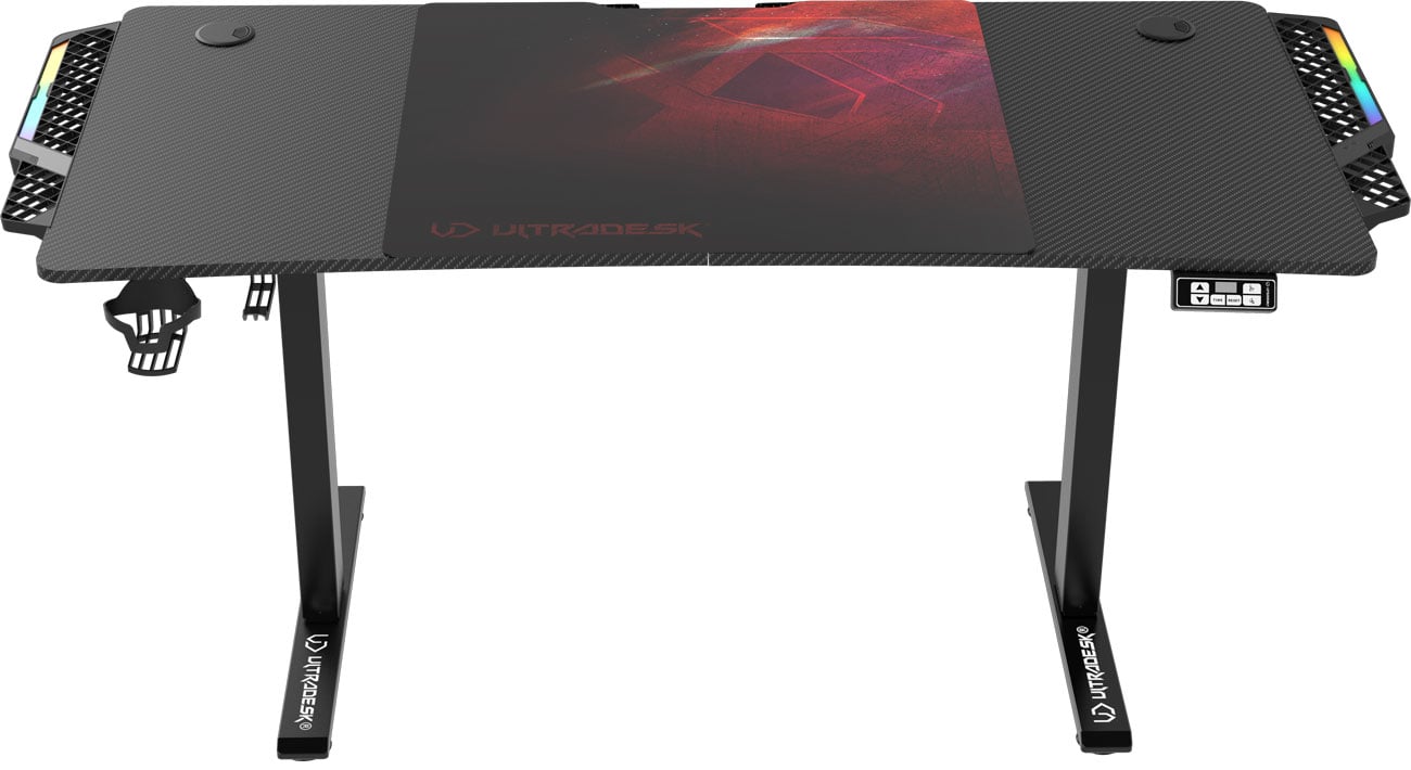 Biurko gamingowe Ultradesk Level V2 LED RGB Czarno-czerwone - Widok od przodu