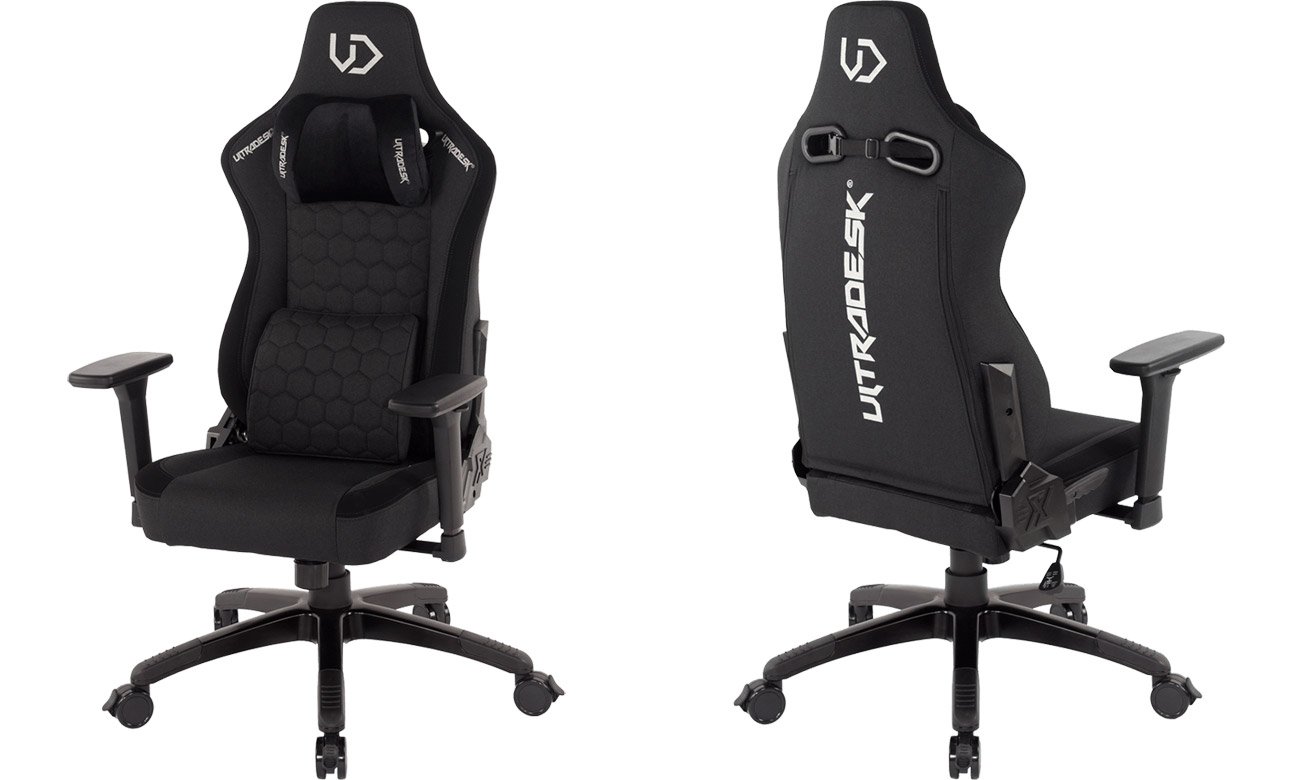 Fotel gamingowy Ultradesk Throne Kids - Widok od przodu i od tyłu pod kątem