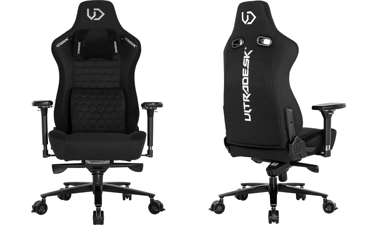 Fotel gamingowy Ultradesk Throne - Widok od przodu i od tyłu pod kątem