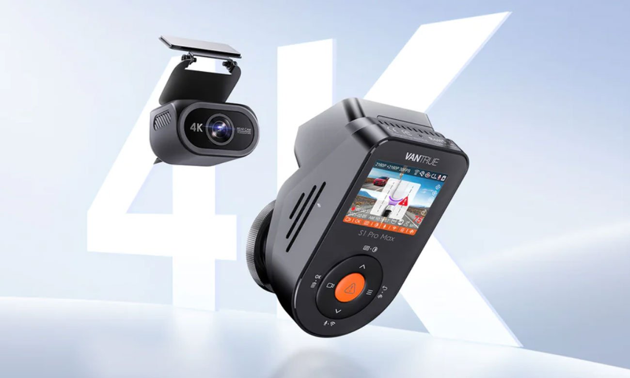 Vantrue S1 Pro Max (kamery 4K przód i tył) - Widok ogólny, grafika z tłem