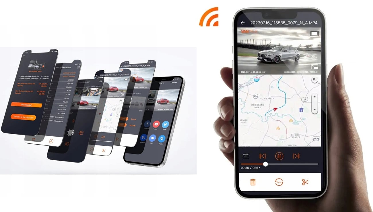 Dual-Dashcam Vantrue S1 Pro - Schneller Zugriff auf Aufnahmen per Wi-Fi