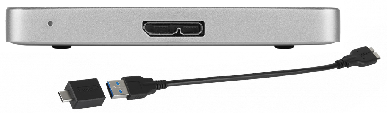 Dysk zewnętrzny HDD Verbatim Store'n'Go Alu Slim Srebrny - Widok z boku ze złączem i adapterem
