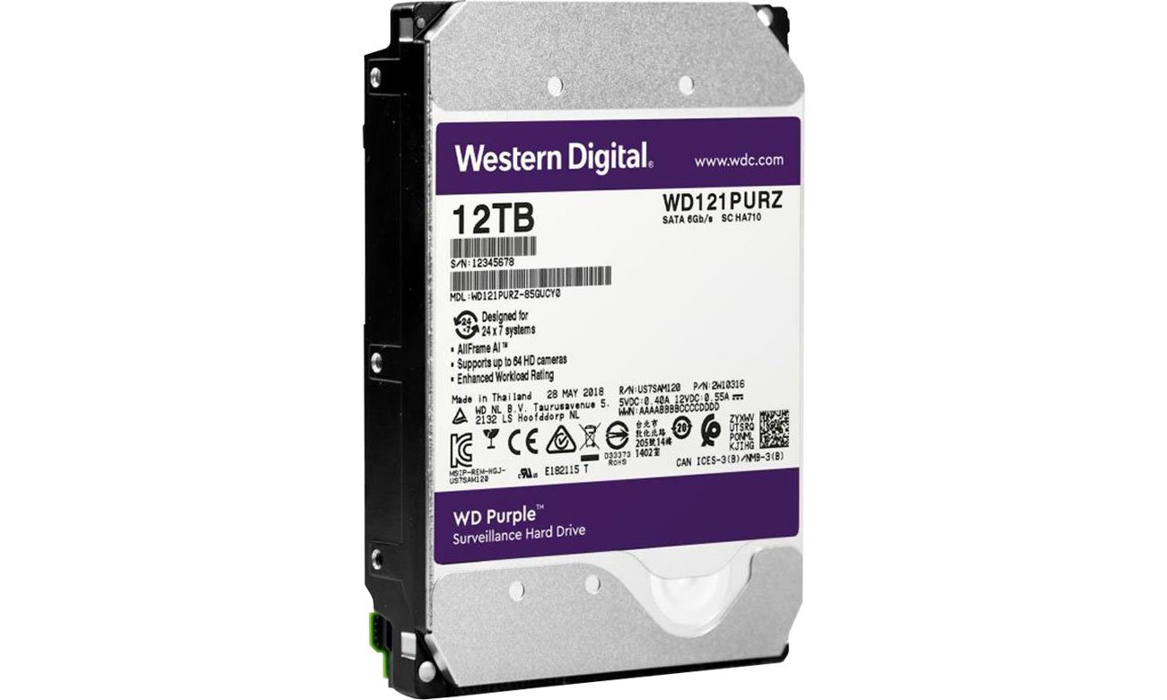 Dysk HDD WD 12TB 7200obr. 256MB PURPLE AllFrame AI WD121PURZ