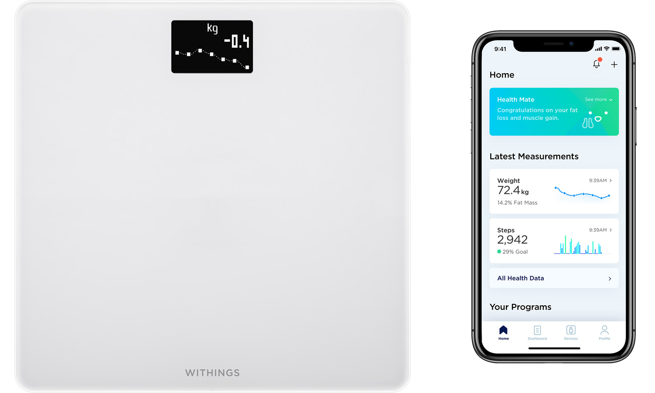 Inteligentna waga Withings Body biała - Widok od przodu + smartfon