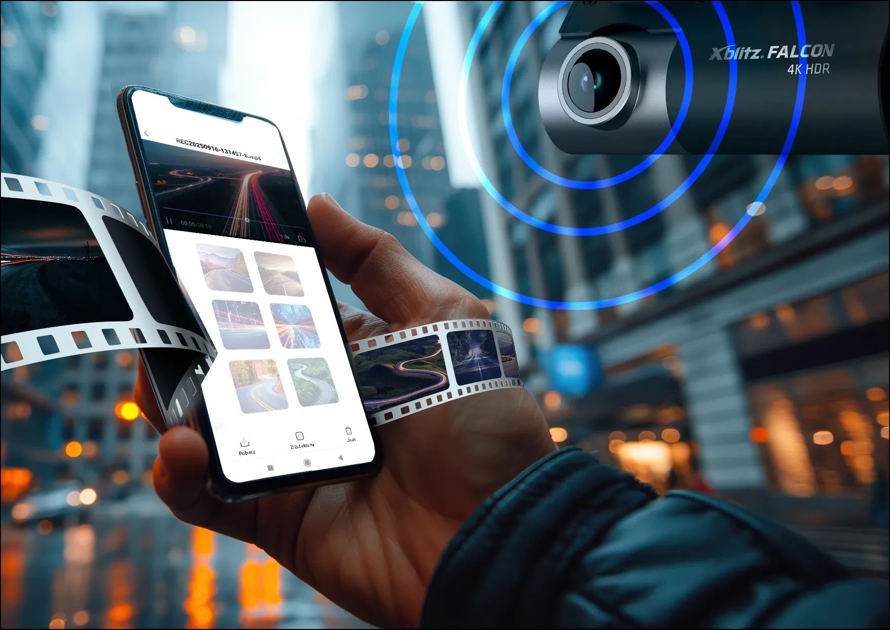 Xblitz Falcon i telefon trzymany w dłoni