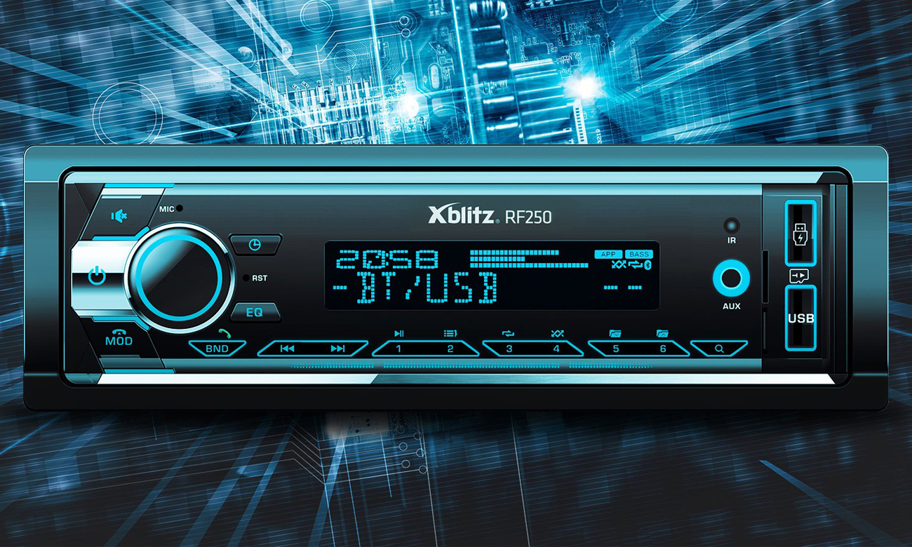 Radio samochodowe Xblitz RF250 - Widok od przodu, grafika z tłem