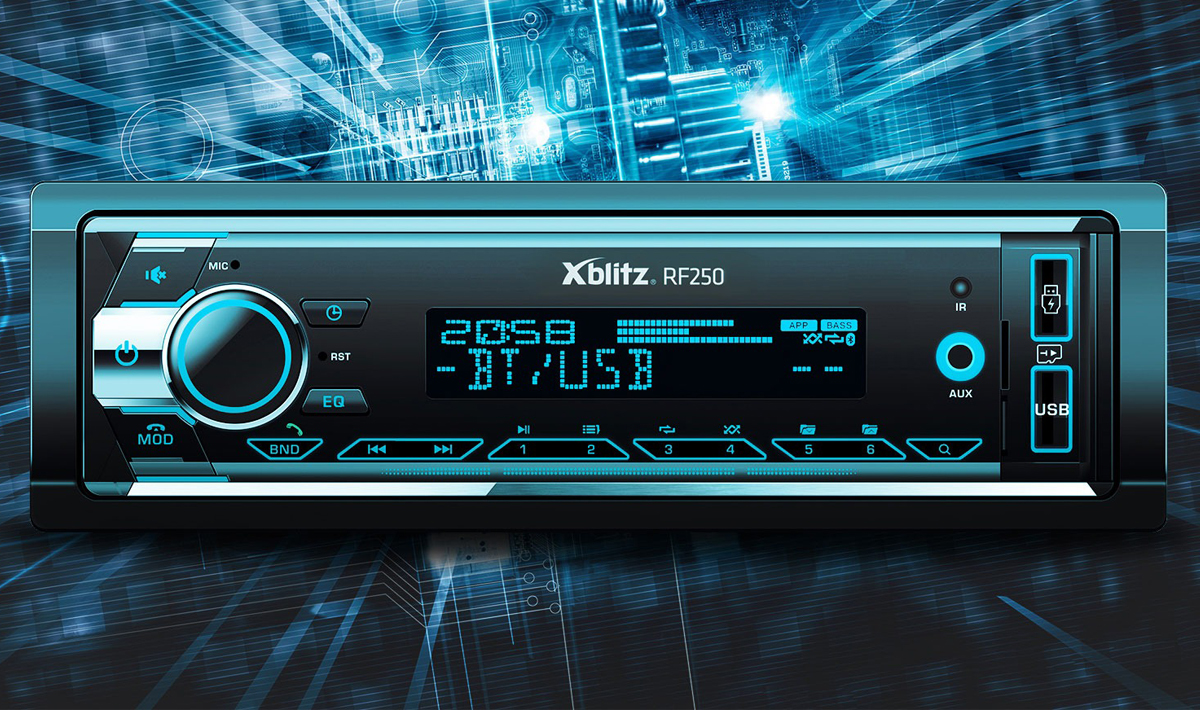 Radio samochodowe Xblitz RF250 - Widok od przodu, grafika z tłem