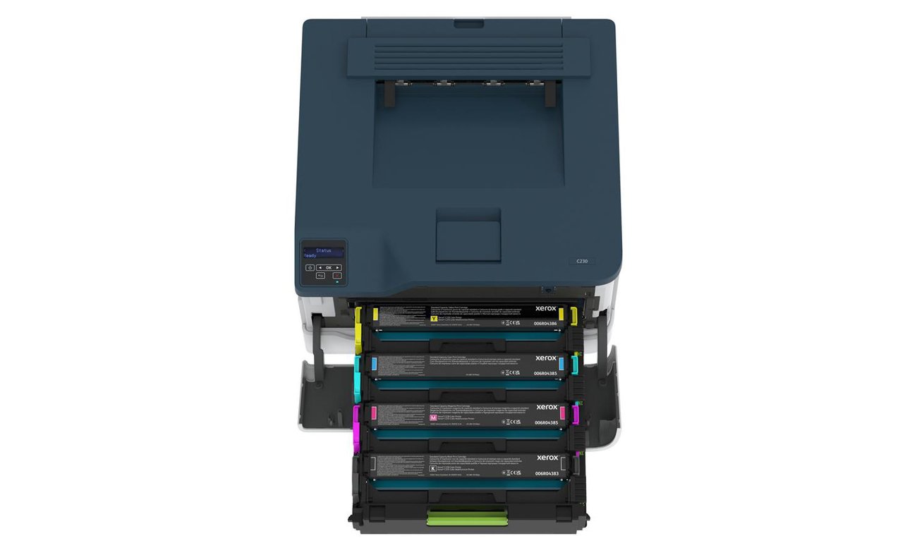 Xerox C230 widok z góry, otwarta komora na tonery