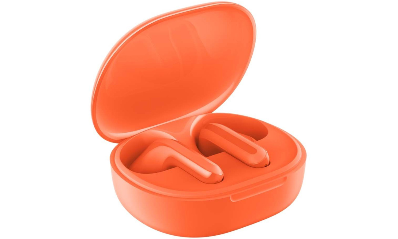 Słuchawki bezprzewodowe Xiaomi Redmi Buds 4 Lite Pomarańczowe - Widok od przodu pod kątem słuchawek w otwartym etui