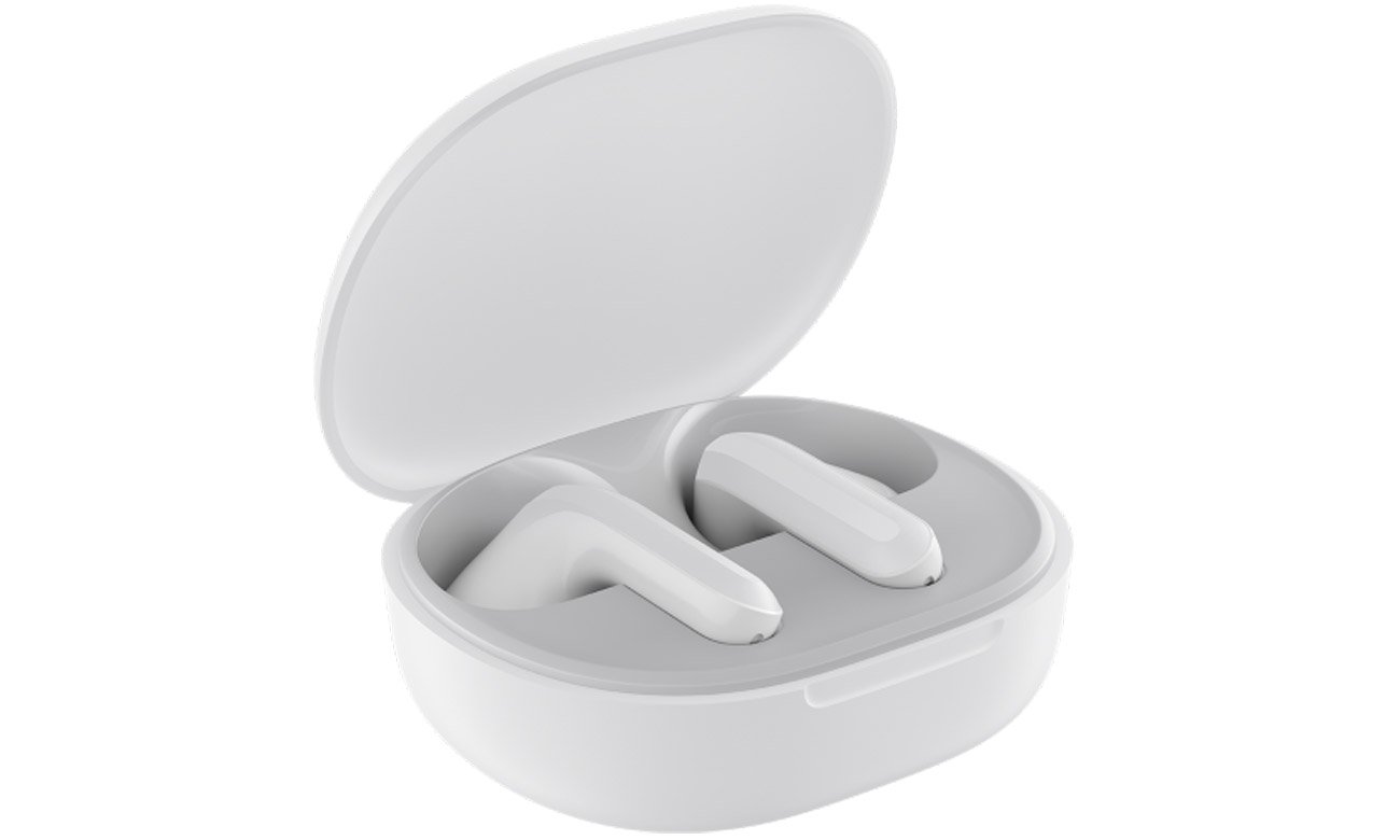 Słuchawki bezprzewodowe Xiaomi Redmi Buds 4 Lite Białe - Widok od przodu pod kątem słuchawek w otwartym etui