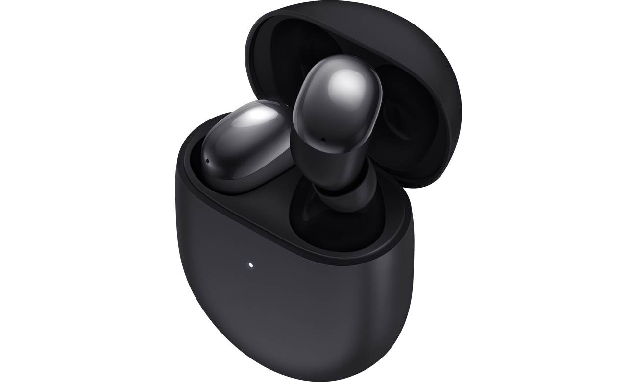 Słuchawki bezprzewodowe Xiaomi Redmi Buds 4 Czarne - Widok od przodu pod kątem wraz z etui