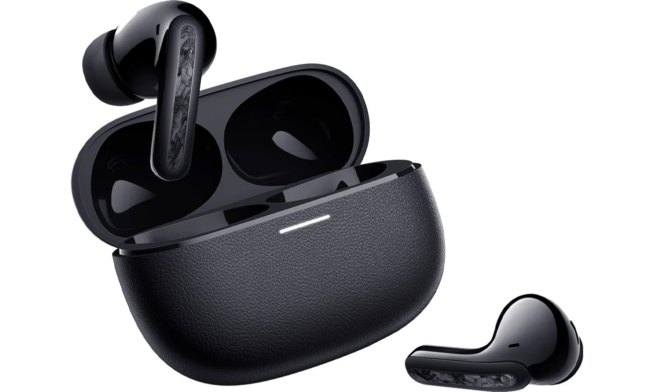 Słuchawki bezprzewodowe Xiaomi Redmi Buds 5 Pro Midnight Black White - Widok od przodu pod kątem wraz z otwartym etui ładującym