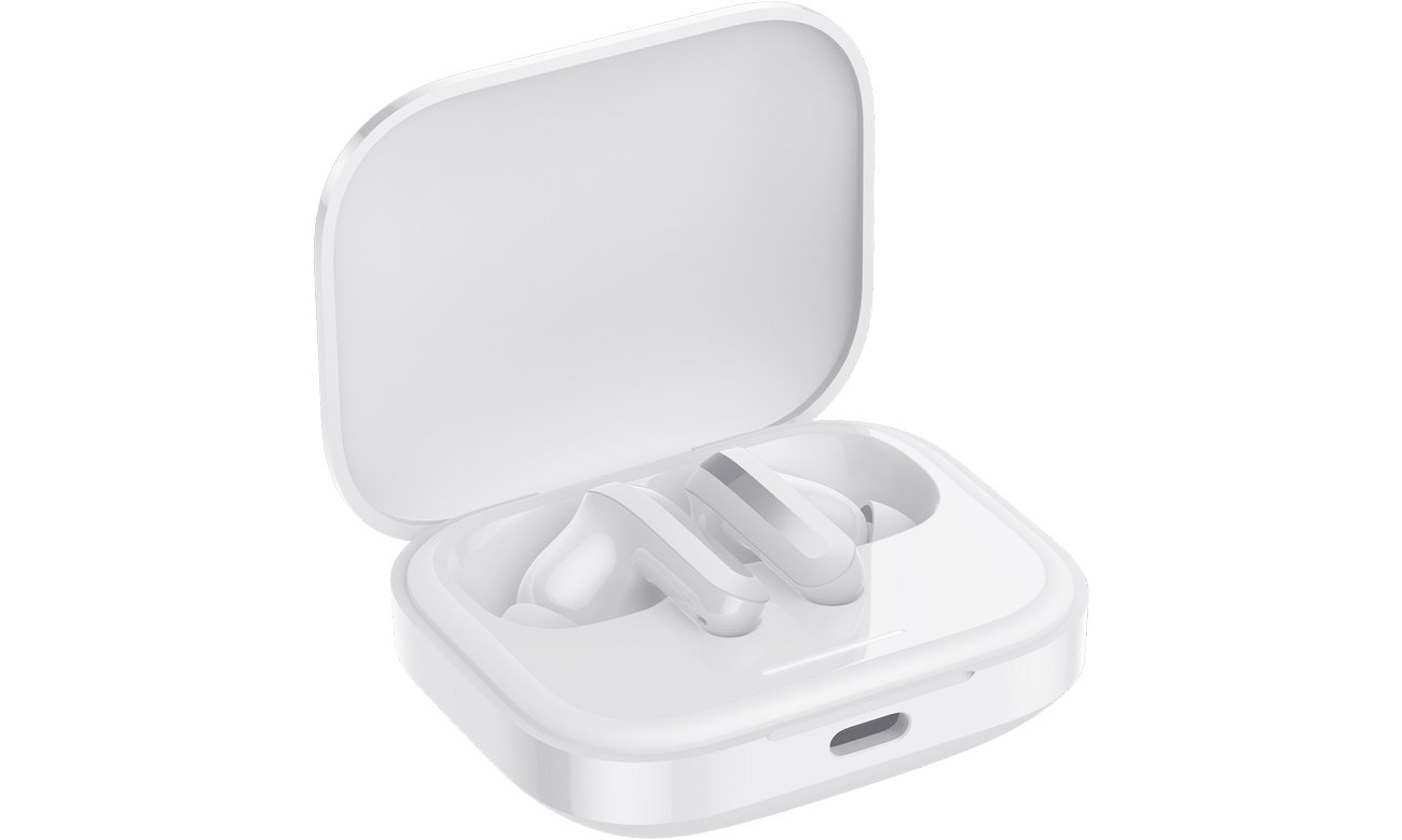 Słuchawki bezprzewodowe Xiaomi Redmi Buds 5 Białe - Widok od przodu pod kątem wraz z otwartym etui ładującym