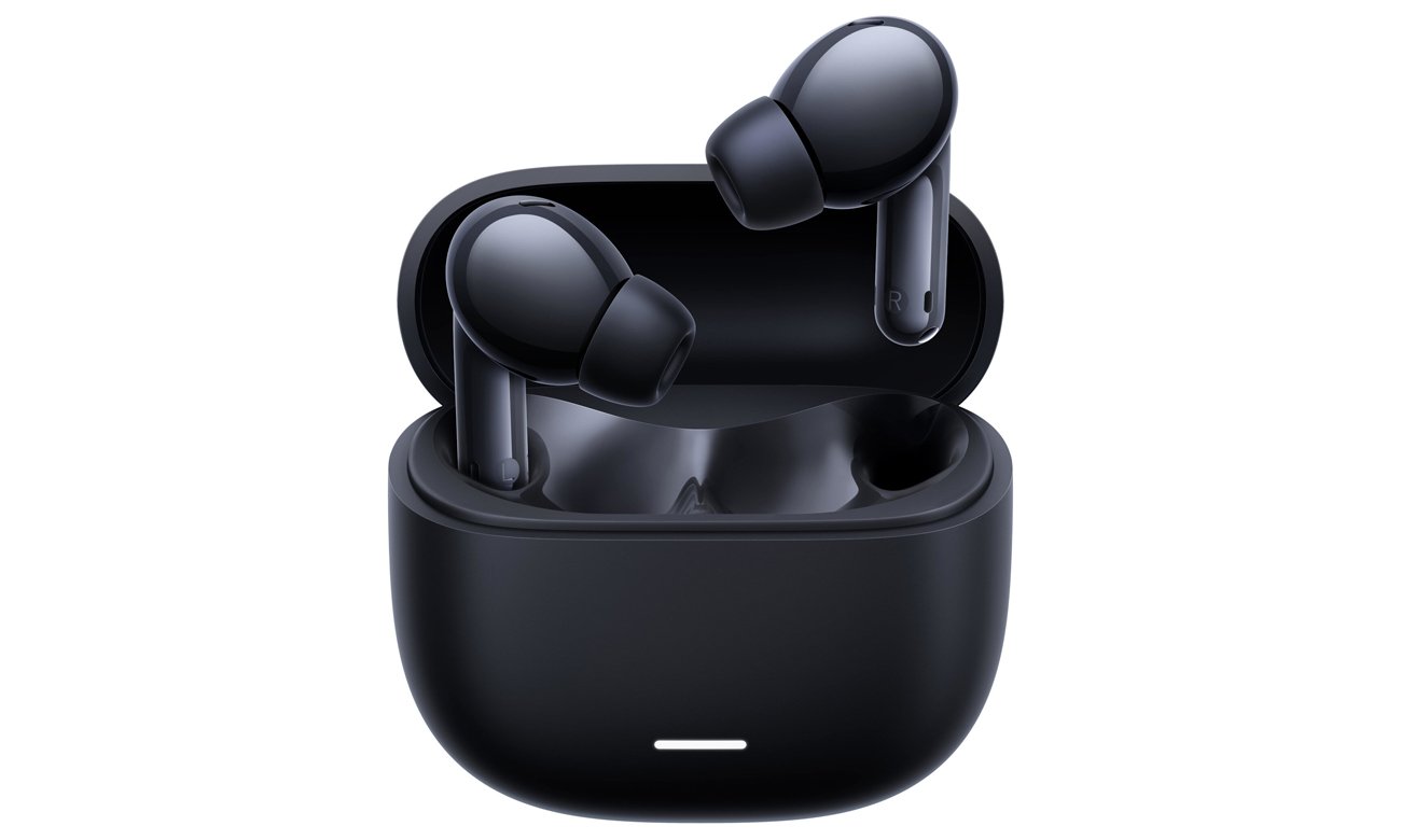 Xiaomi Redmi Buds 6 Lite Czarne - Widok od przodu wraz z otwartym etui ładującym