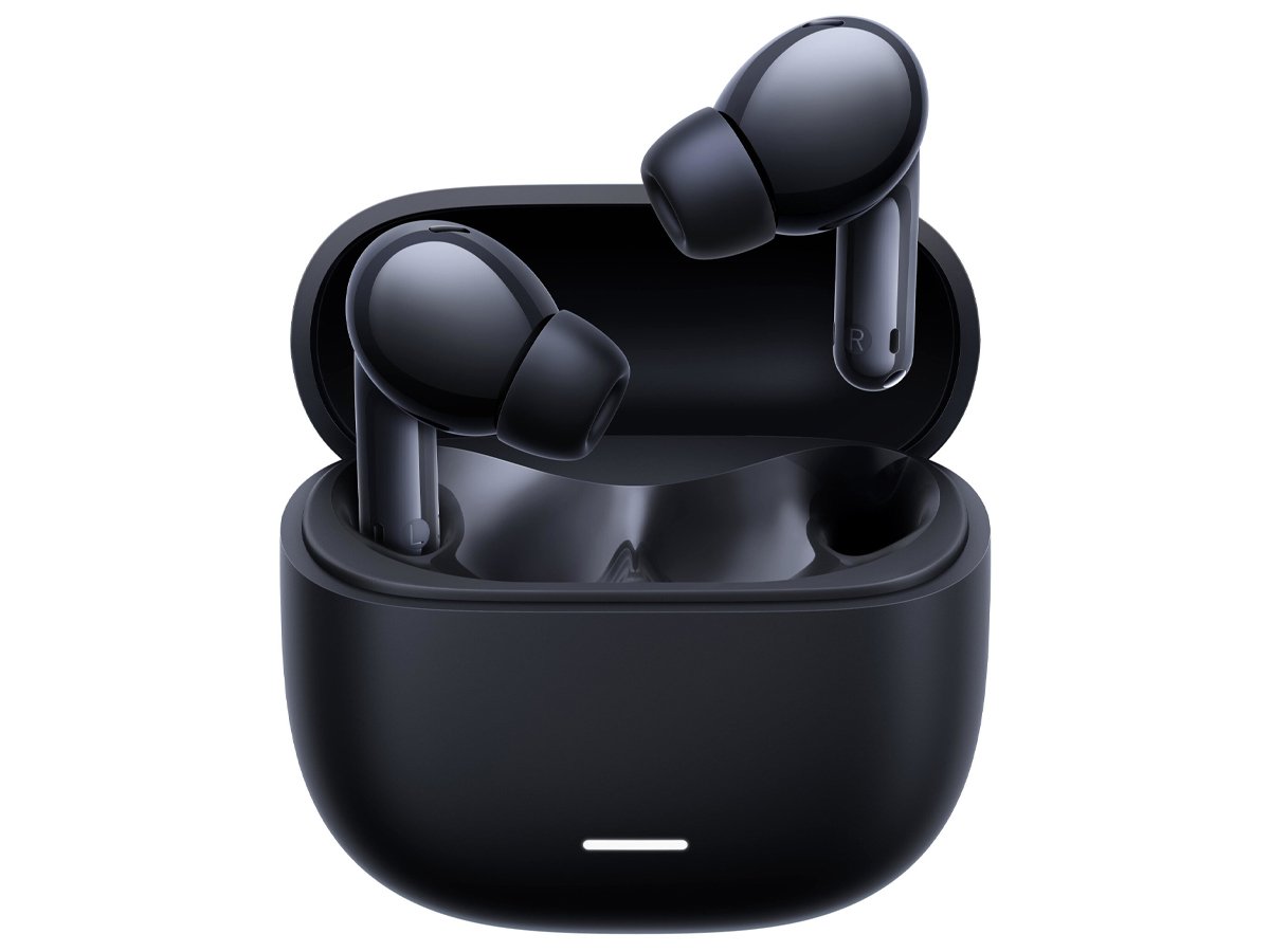 Xiaomi Redmi Buds 6 Lite Czarne - Widok od przodu wraz z otwartym etui ładującym