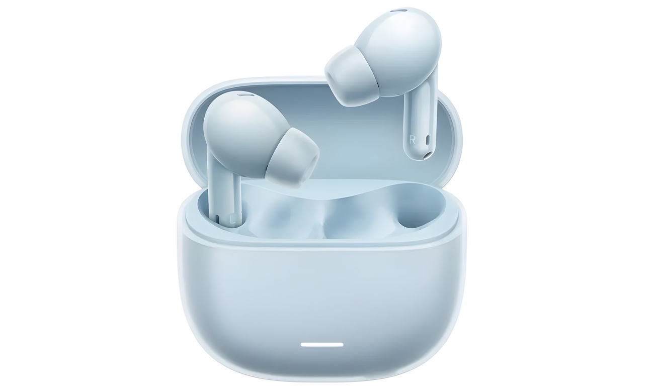 Xiaomi Redmi Buds 6 Lite Niebieskie - Widok od przodu wraz z otwartym etui ładującym